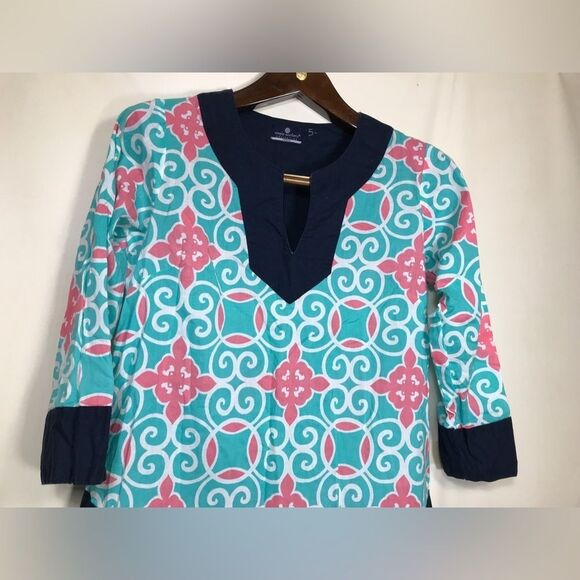 Simply Southern Collection Cotton Tunic Sz Medium Teal Pink Navy Swirl Slit Side - Picture 2 of 5